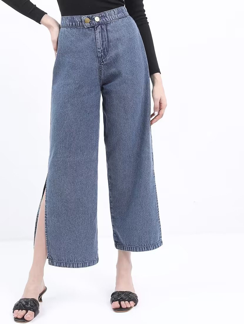 Women solid high rise wide leg Jeans